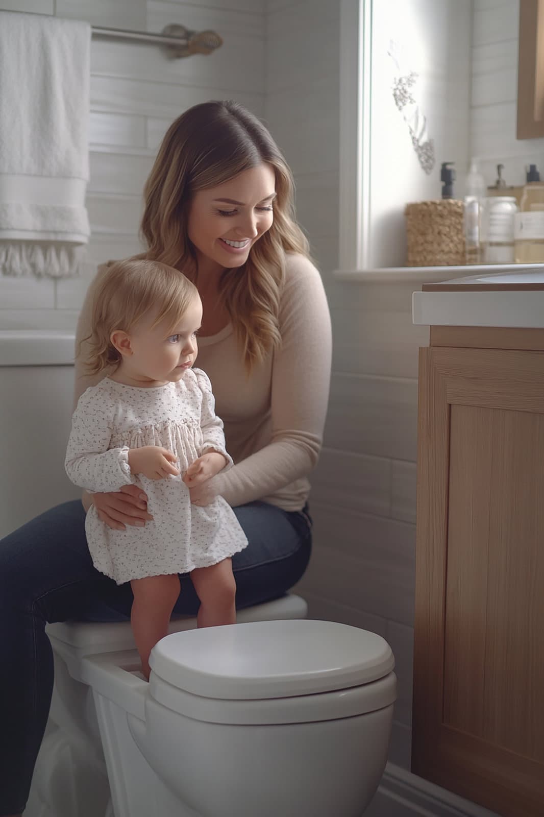 Woman Is Sitting Toilet With Baby Toilet